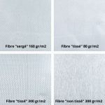 l' Assortiment de 4 fibres de verre, (sergé 160gr/m2, tissé 300gr/m2, tissé 80gr/m2, non tissé en 300 gr/m2)  vous permettra de faire vos premiers essais et découvrir les effets de la fibre.