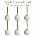 Six Nouvelles et très jolies Boules de noël en porcelaine  d'un diamètre de 7,5 centimètres vendue avec son  ruban d'or !